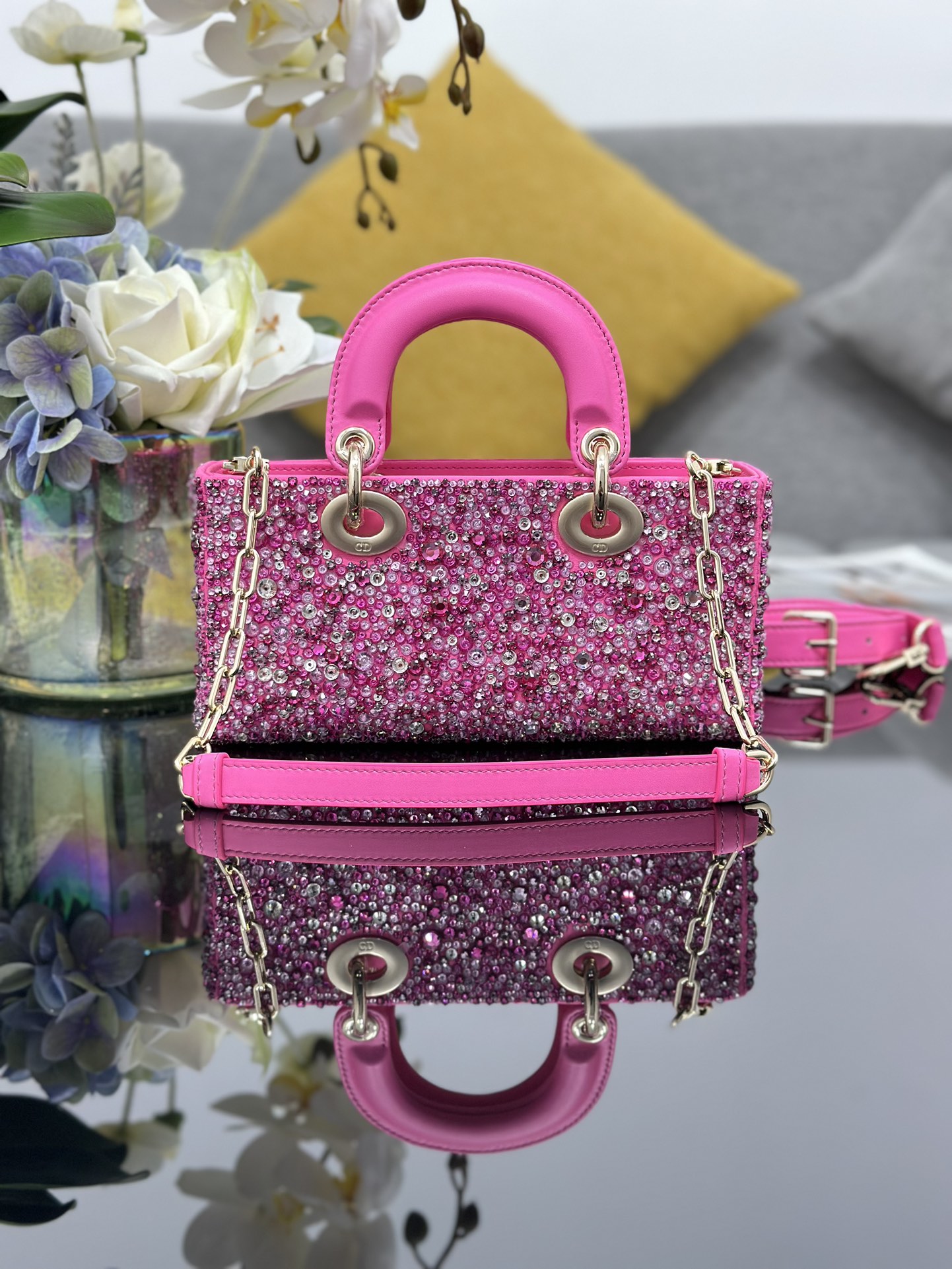 Micro Lady D-Joy Bag Rose Pink Satin Embroidered with Rhinestone